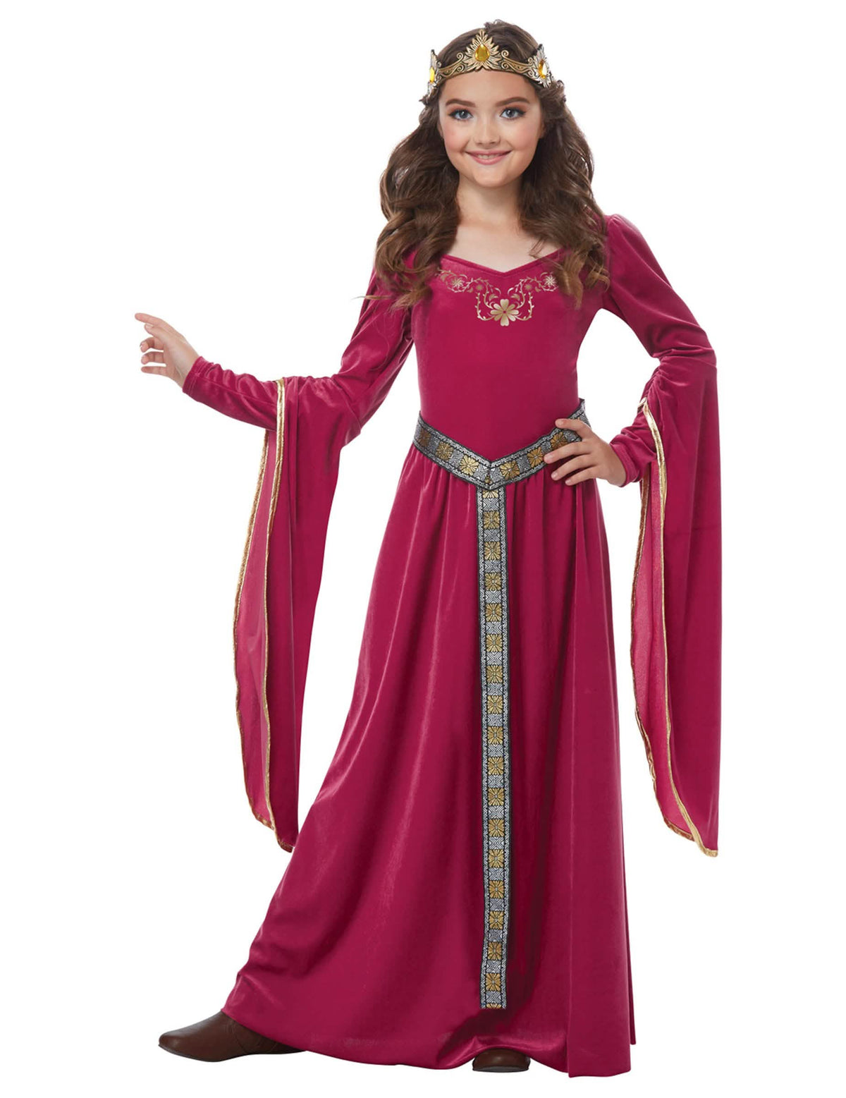 Déguisement de princesse médiévale pour fille rose en velours avec couronne dorée