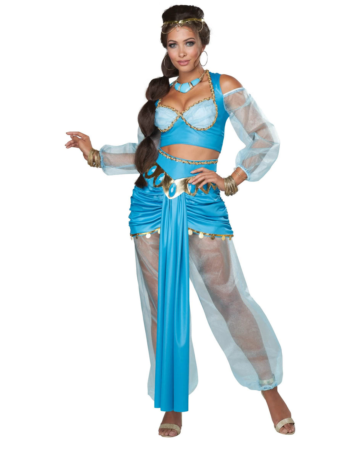 Fato de princesa oriental de luxo para mulher azul-turquesa e dourado