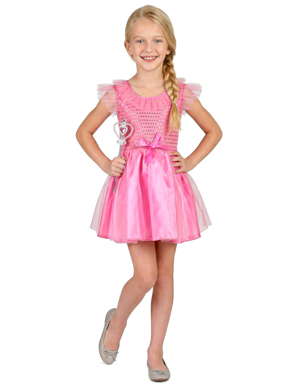 Déguisement de princesse à paillettes pour fille rose avec baguette