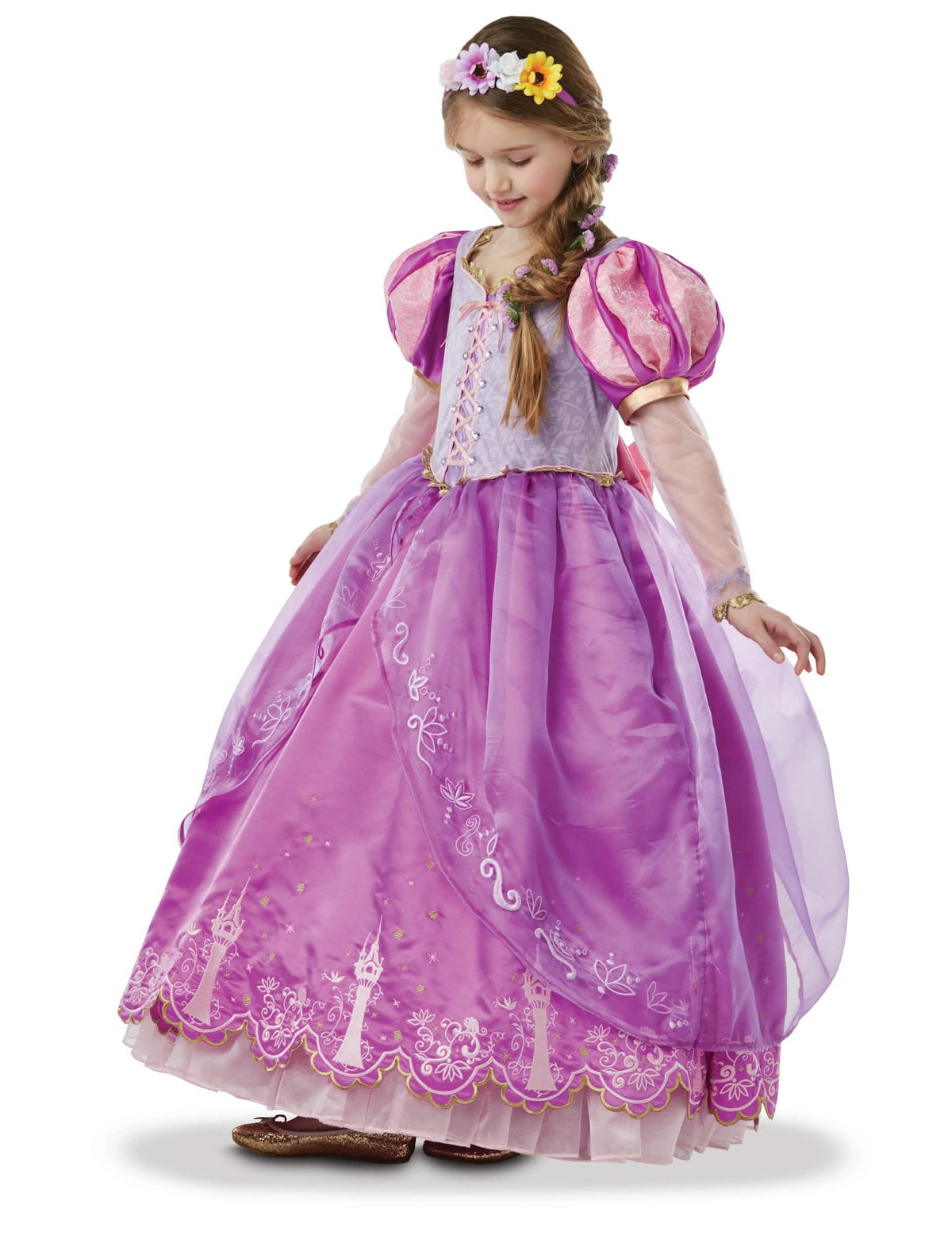 Fato de princesa Rapunzel de colecionador para menina roxo e cor de rosa com tiara floral