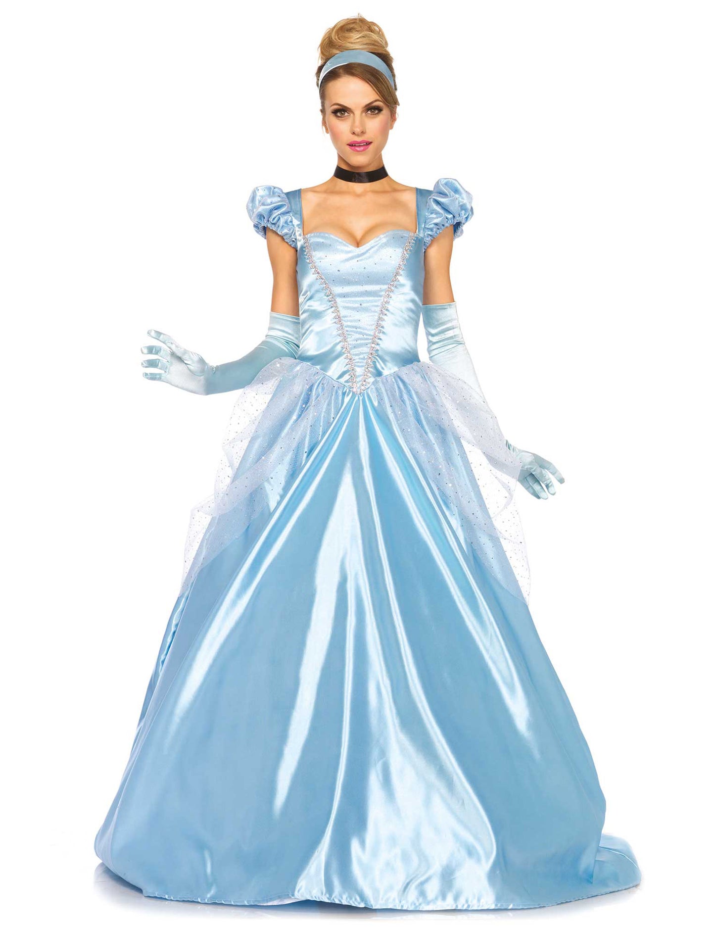 Déguisement de princesse pour femme bleu satiné avec gants et serre-tête