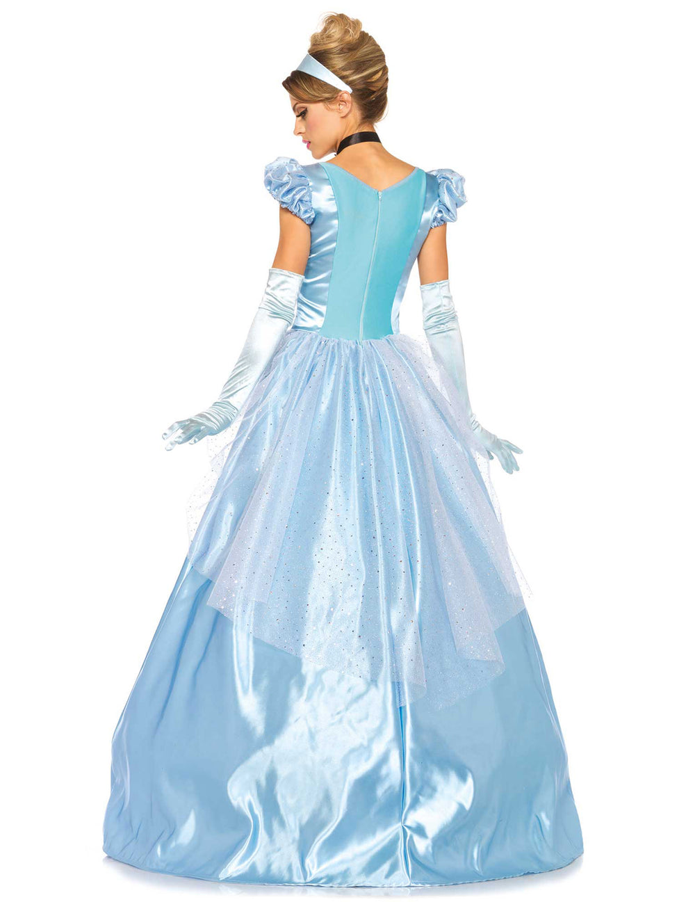 Vue de dos du déguisement de princesse pour femme bleu satiné