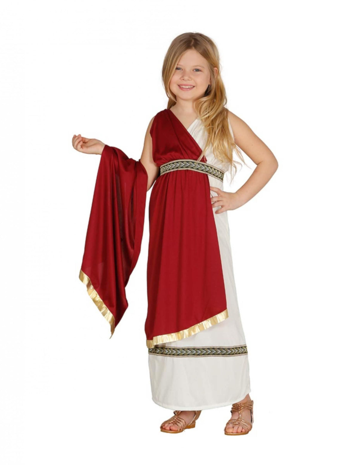 Fato de princesa romana para menina branco e vermelho com debruns dourados