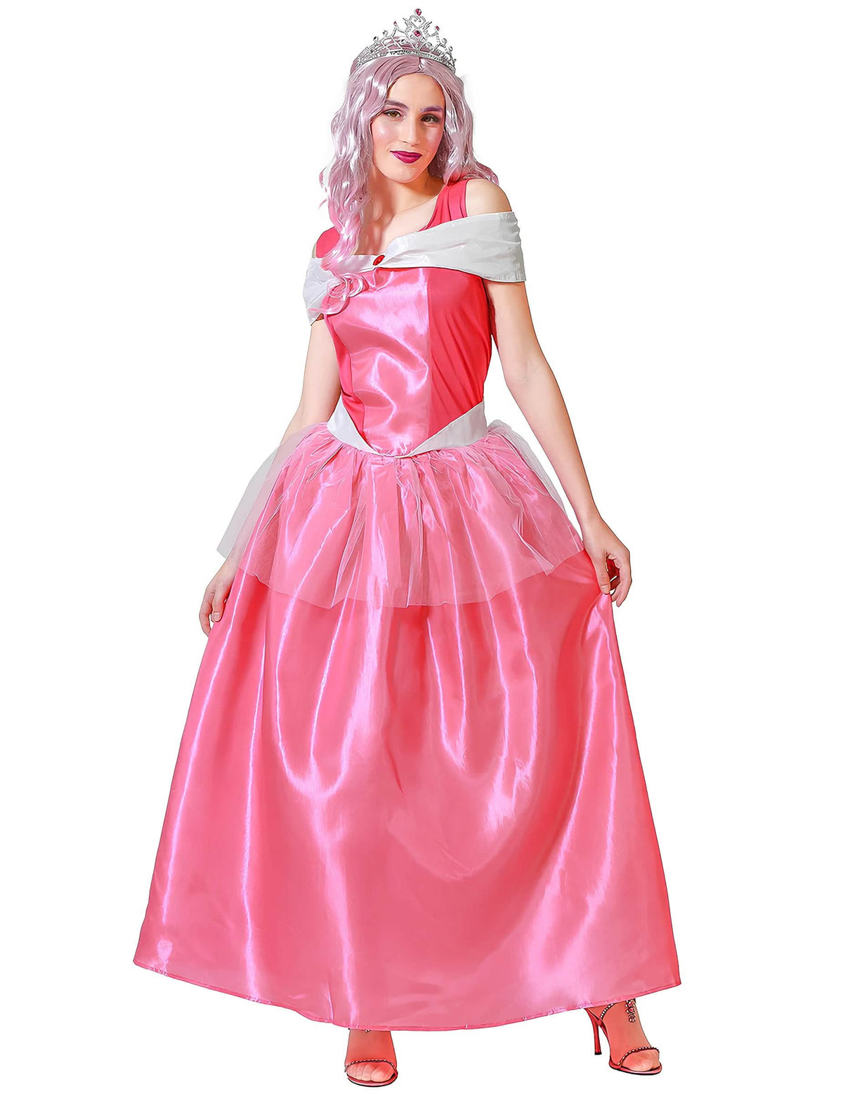Fato de princesa para mulher cor de rosa acetinado com tiara prateada