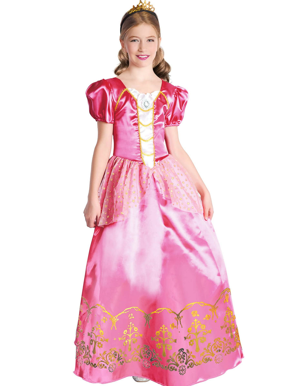 Fato de princesa para menina cor de rosa com diadema dourado