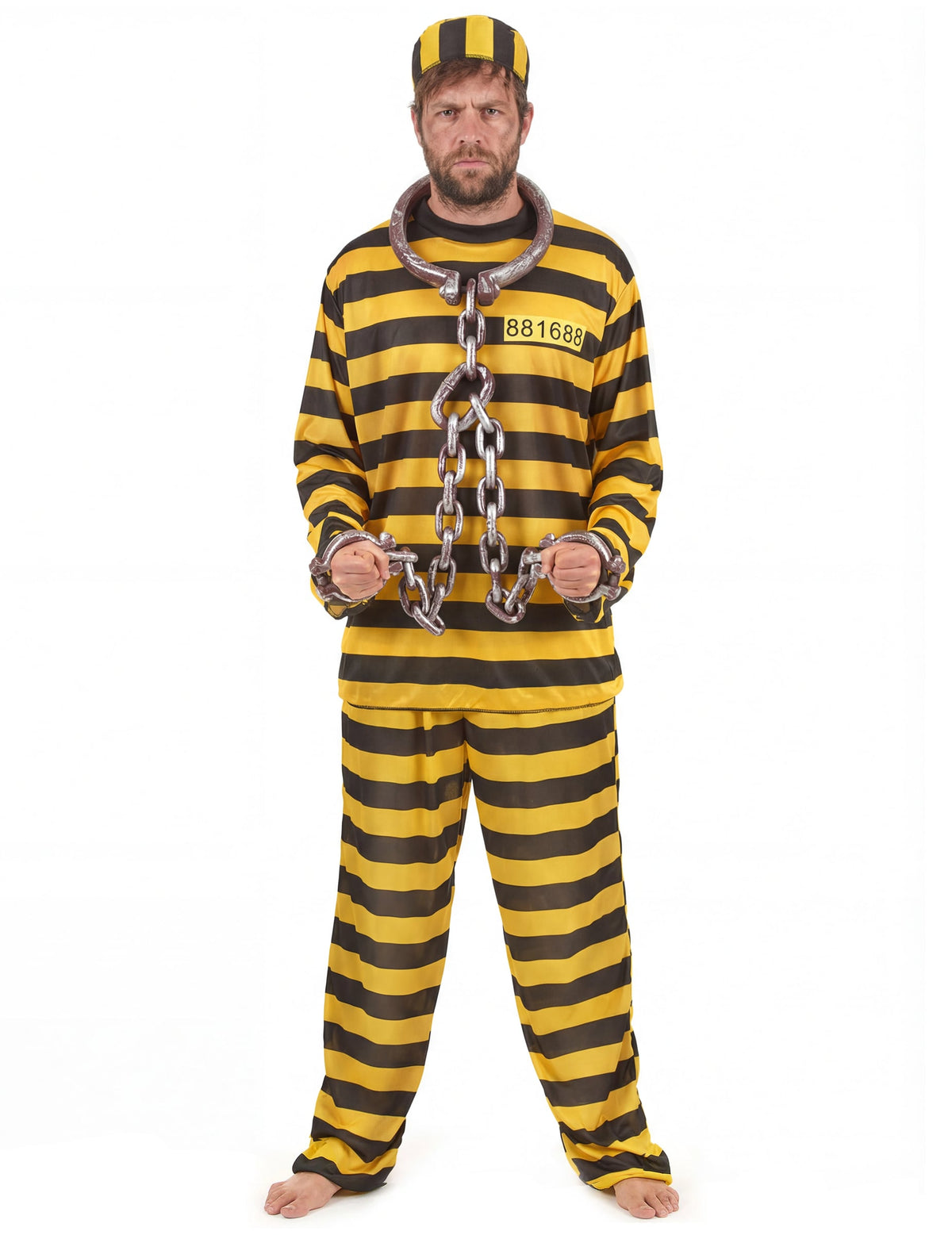 Déguisement prisonnier pour adulte jaune et noir à rayures avec chaînes