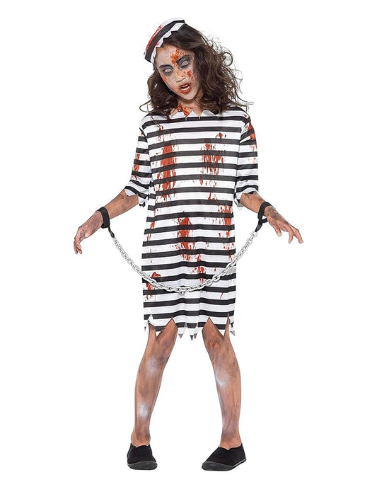 Vue de face du déguisement de prisonnière enchaînée zombie pour fille