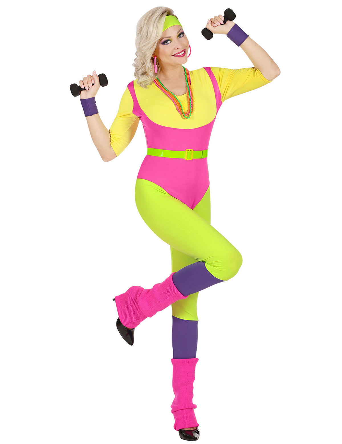 Déguisement prof aérobique années 80 pour femme rose jaune et vert fluo