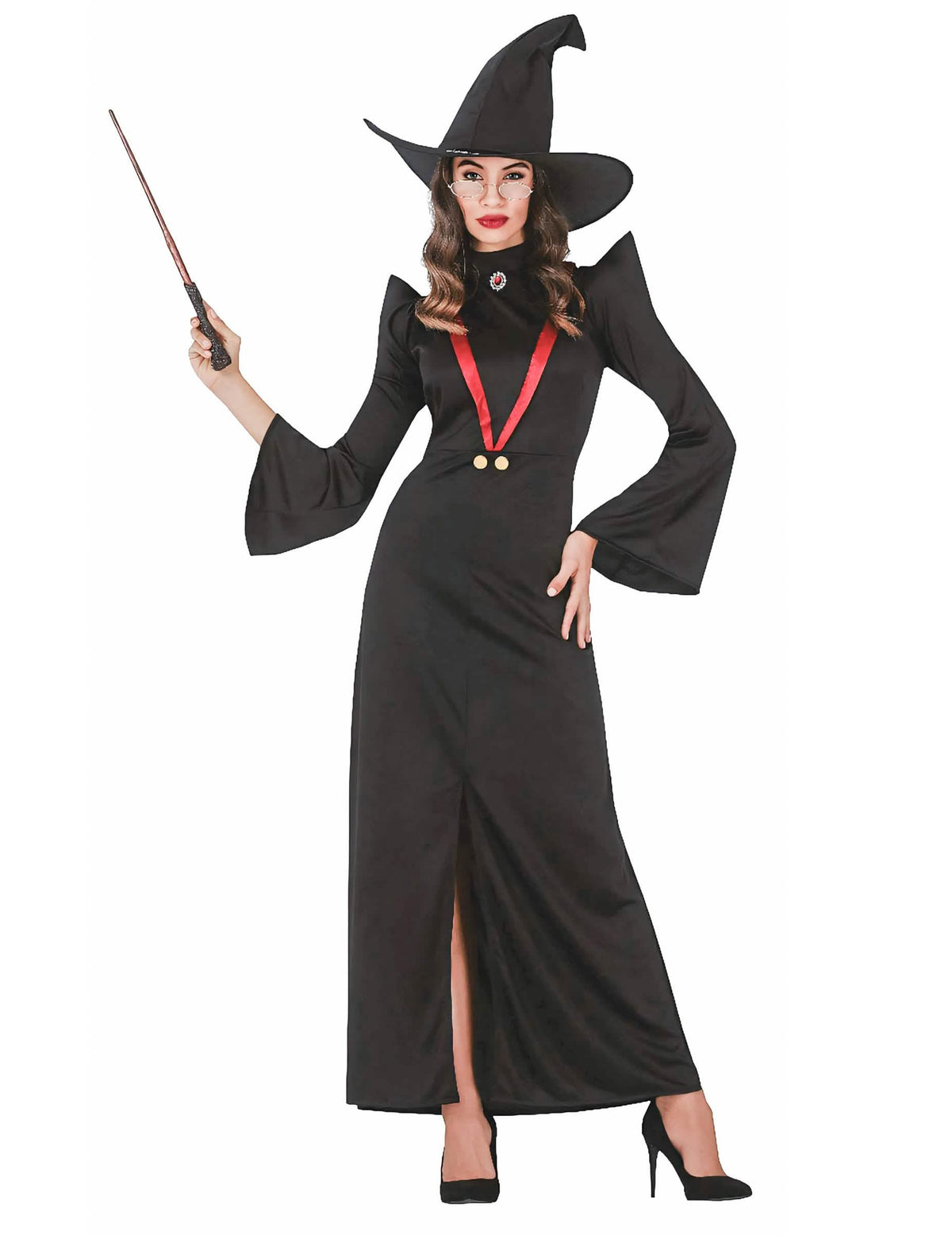 Fato de professora de magia para mulher preto com chapéu e varinha
