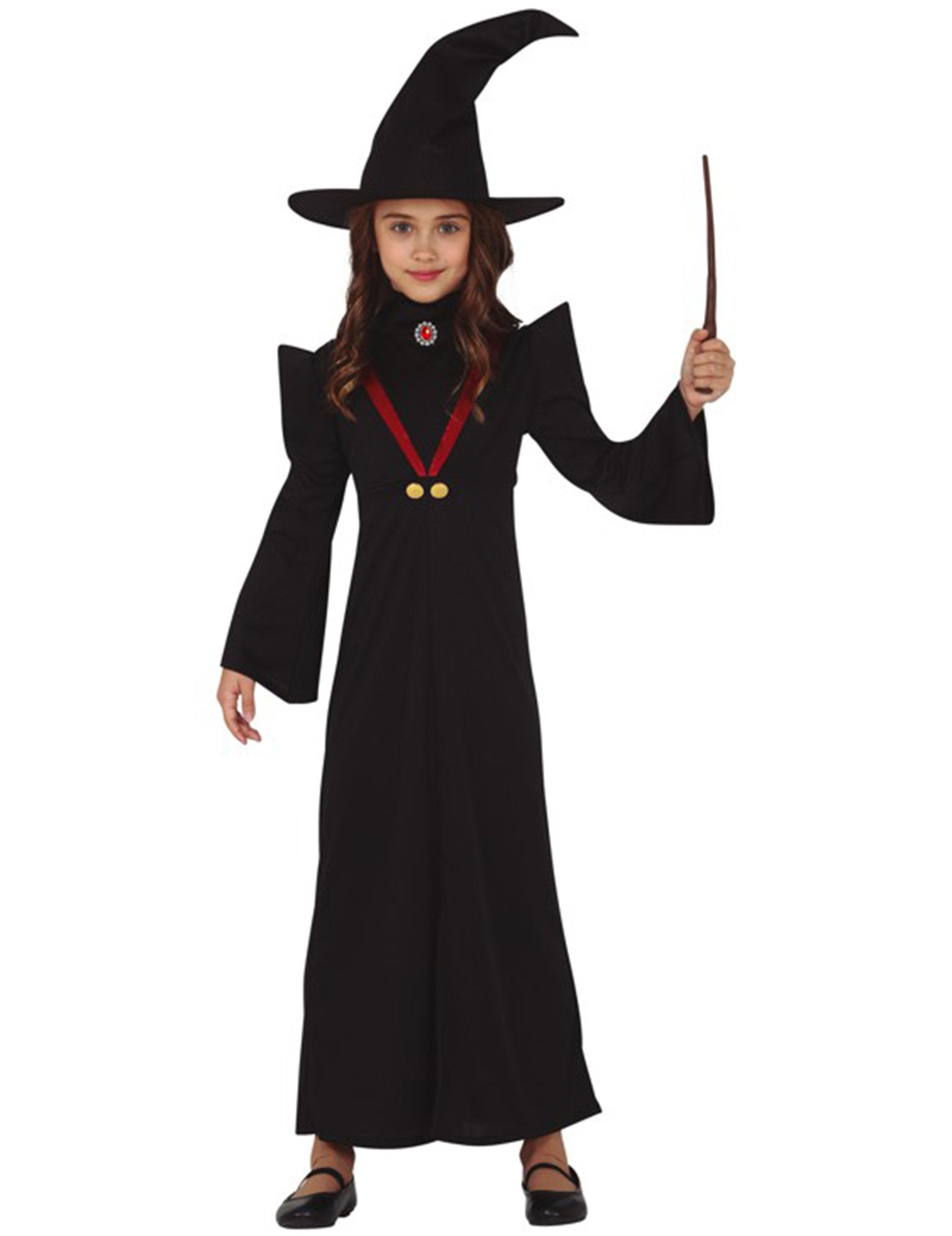 Déguisement professeur de magie pour fille noir avec chapeau et baguette