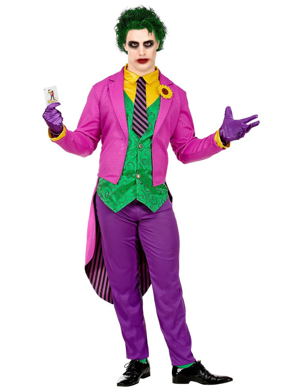 Fato de psicopata louco para homem roxo e verde com casaca de fraque