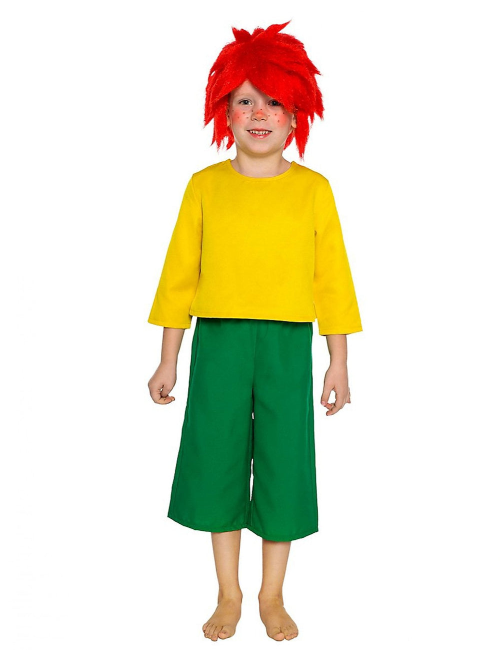 Déguisement Pumuckl pour enfant jaune et vert avec perruque rouge