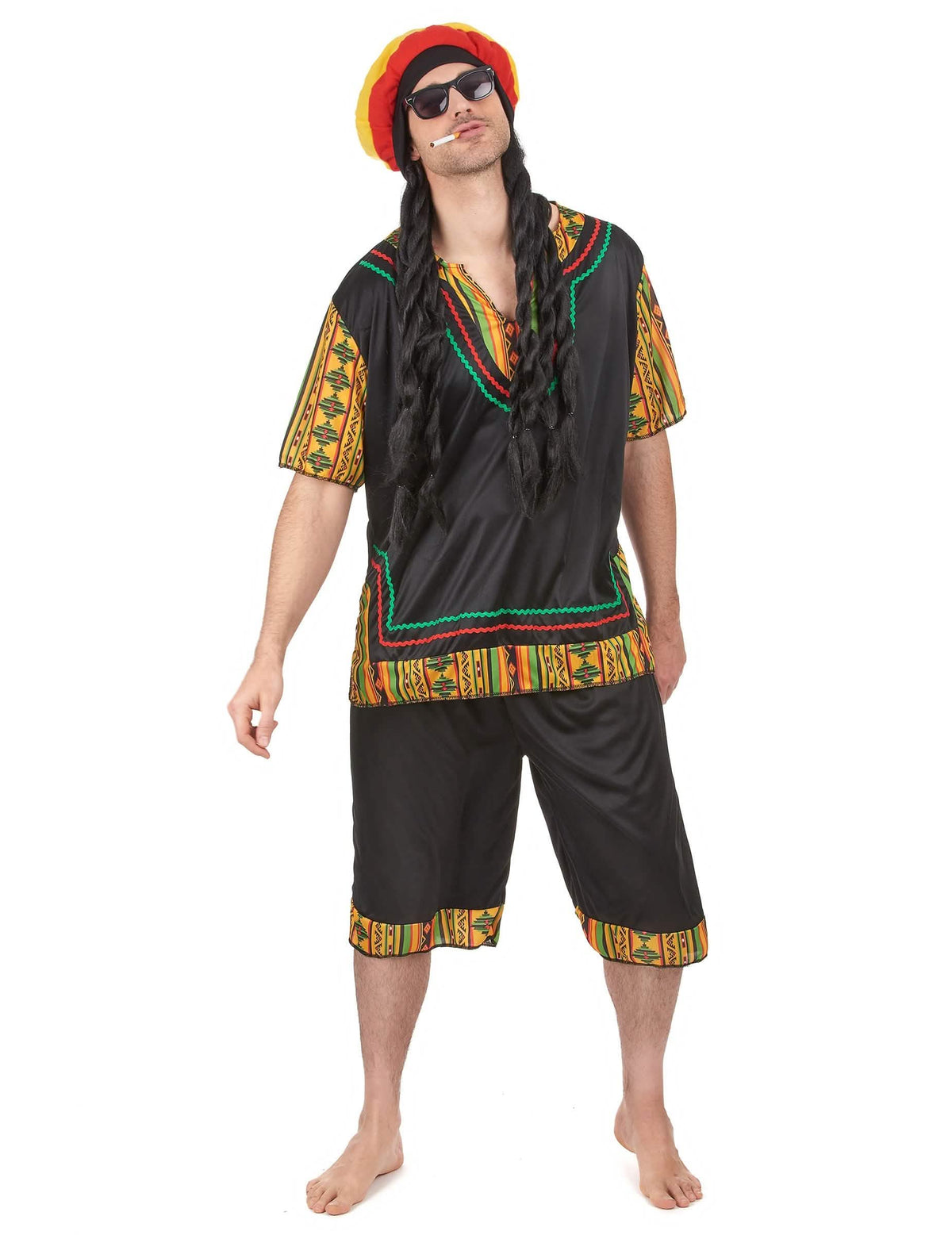 Fato rasta para homem preto com motivos multicolores e gorro com dreadlocks