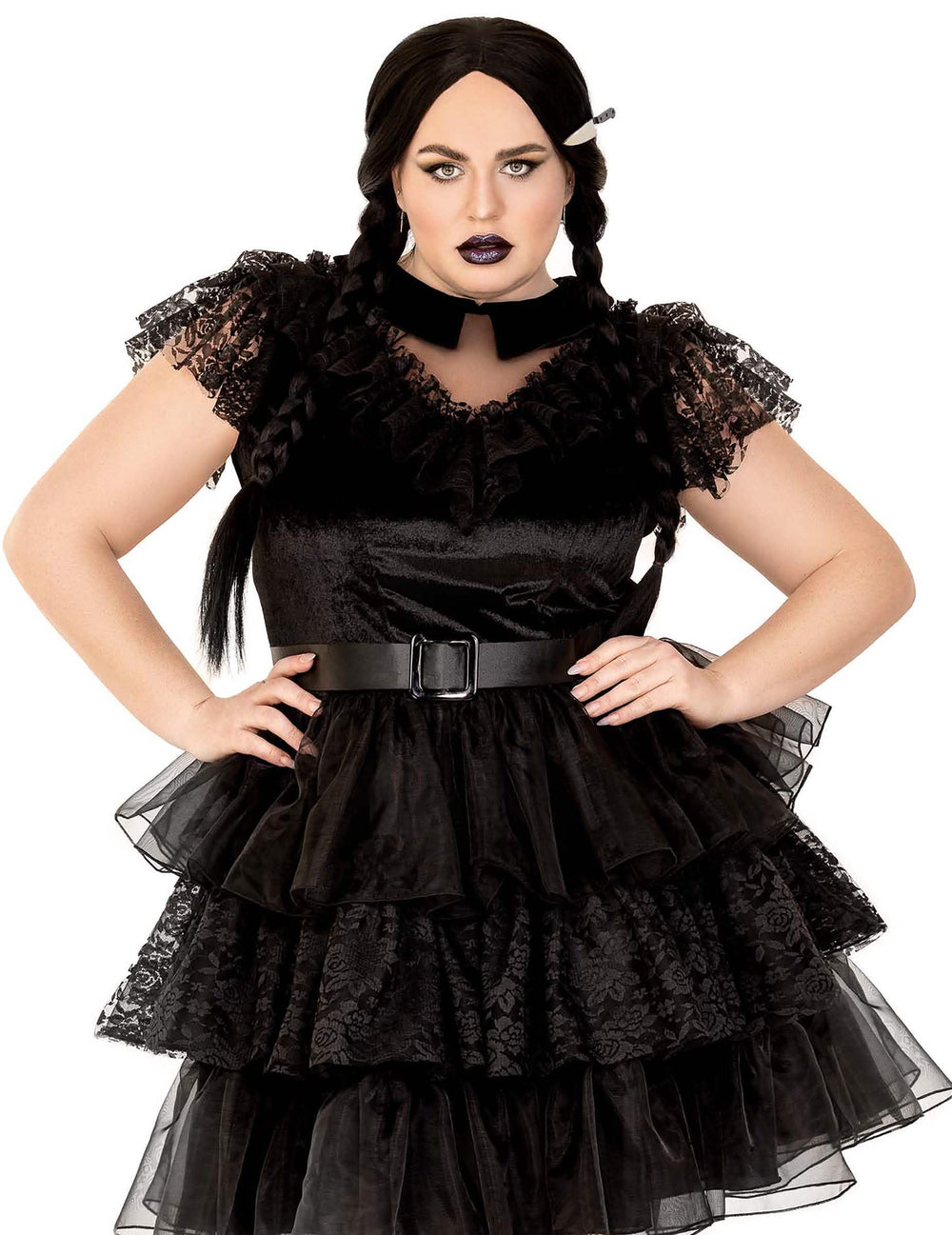 Déguisement rebelle gothique sexy pour femme noir avec dentelle et ceinture