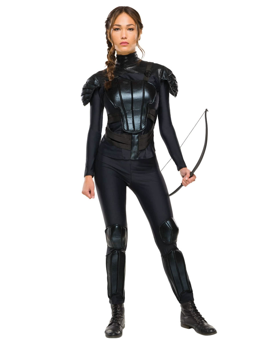 Fato rebelde Katniss Hunger Games™ para mulher preto com armadura e arco