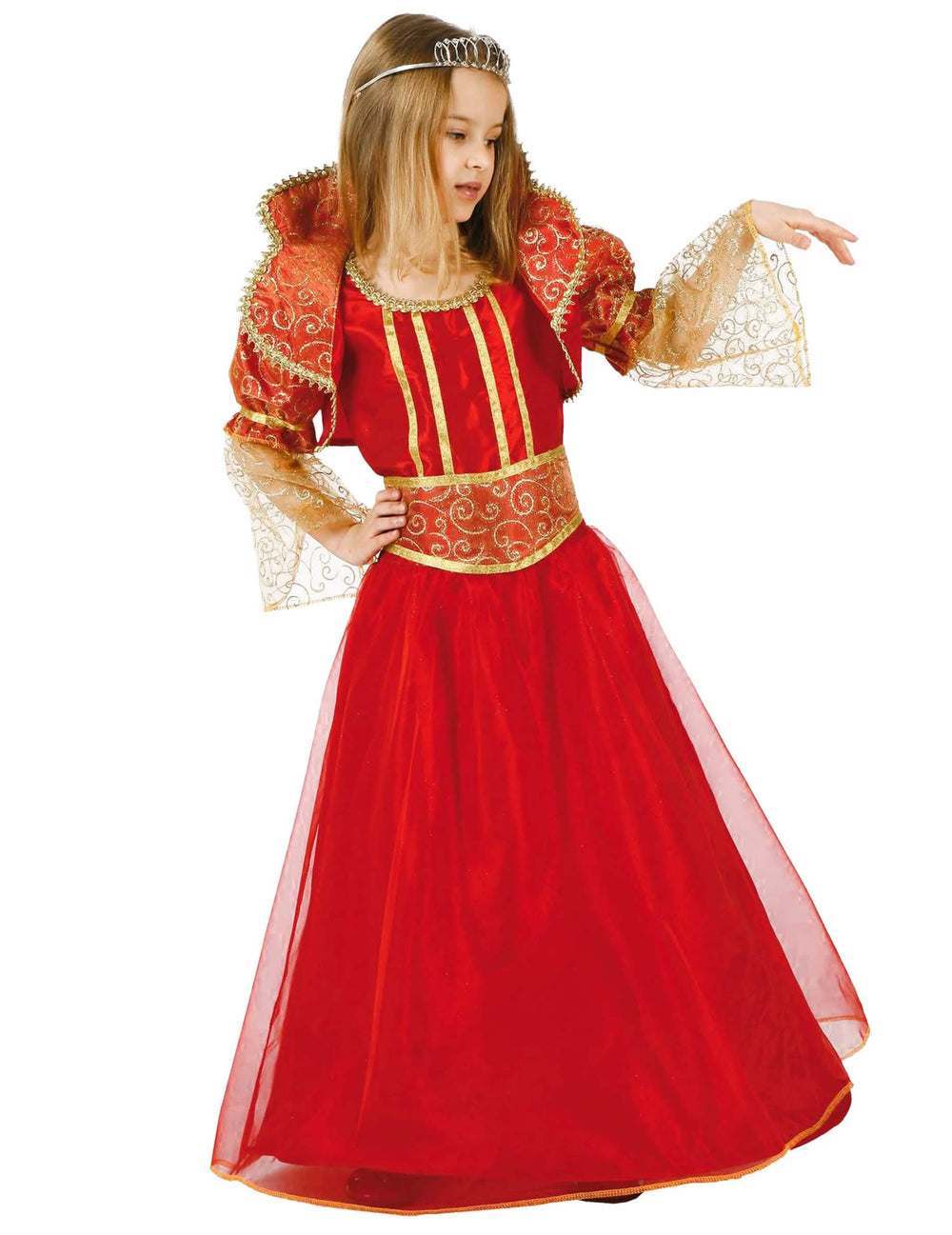 Déguisement reine baroque pour fille rouge et doré avec diadème