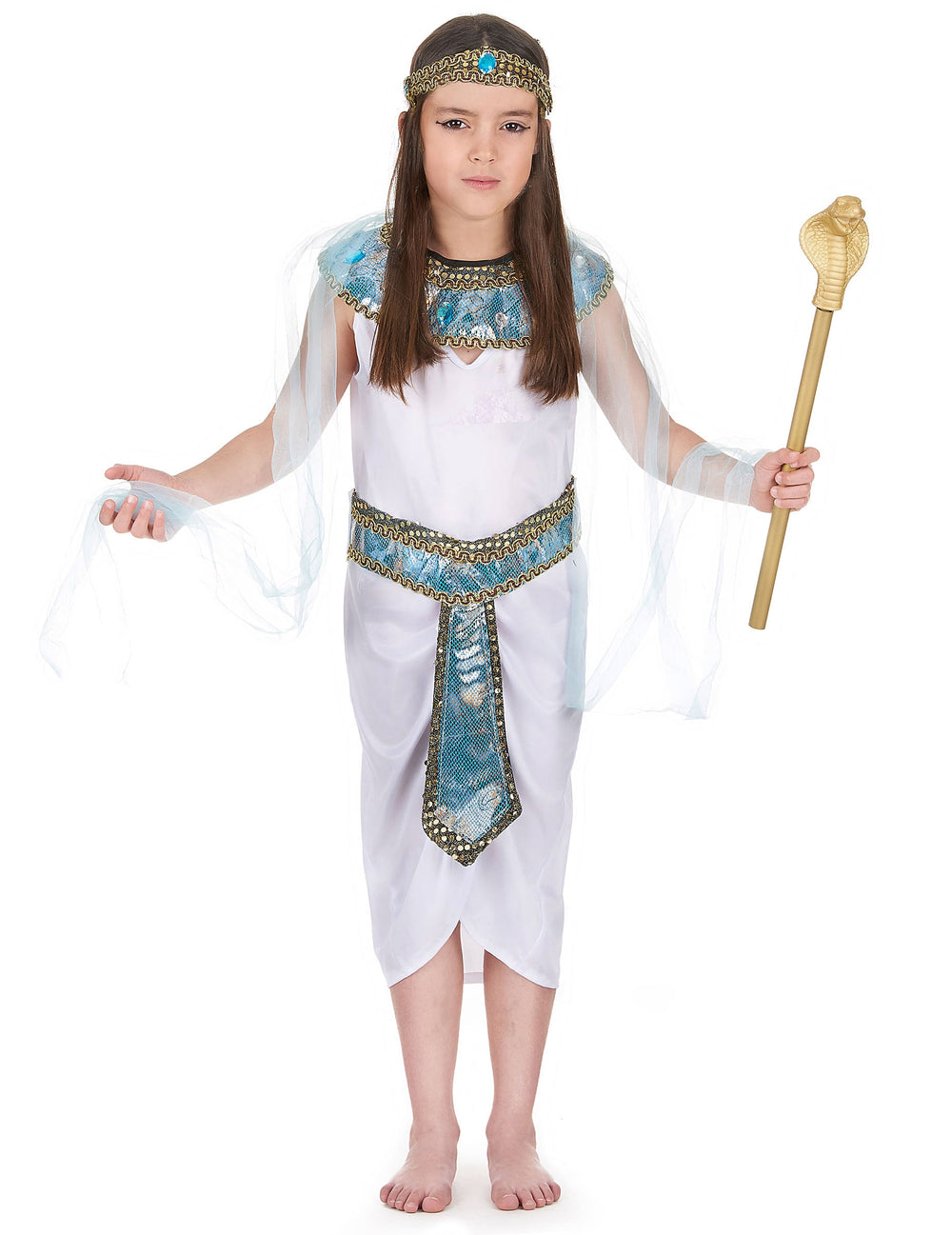 Déguisement de reine d'Egypte pour fille blanc bleu et or avec sceptre serpent
