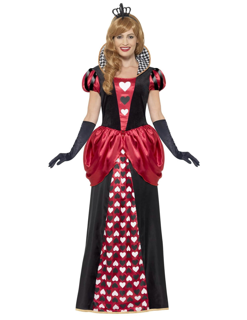 Fato de rainha de copa para mulher longo vermelho e preto com motivos de corações e coroa