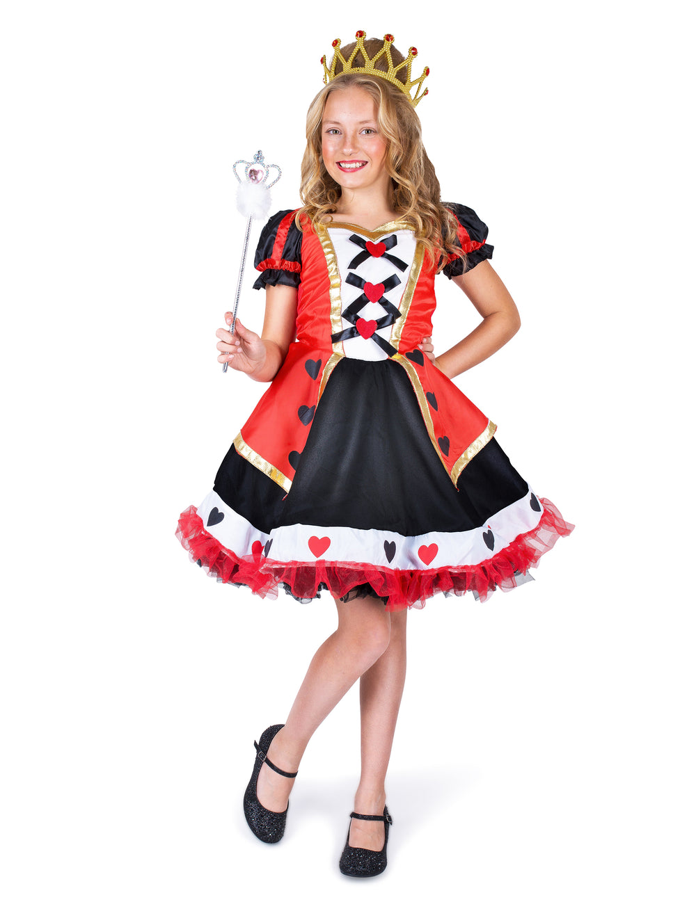 Déguisement de reine des coeurs pour fille rouge et noir avec couronne et sceptre