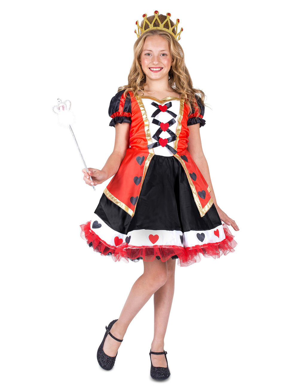 Vue de face du déguisement de reine des coeurs pour fille