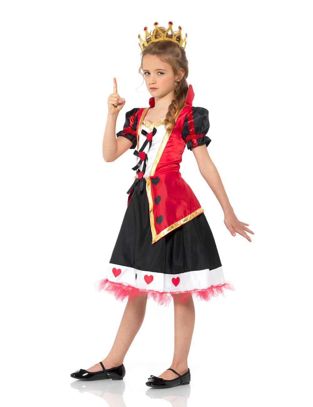 Déguisement reine des coeurs pour fille rouge noir et blanc avec couronne dorée