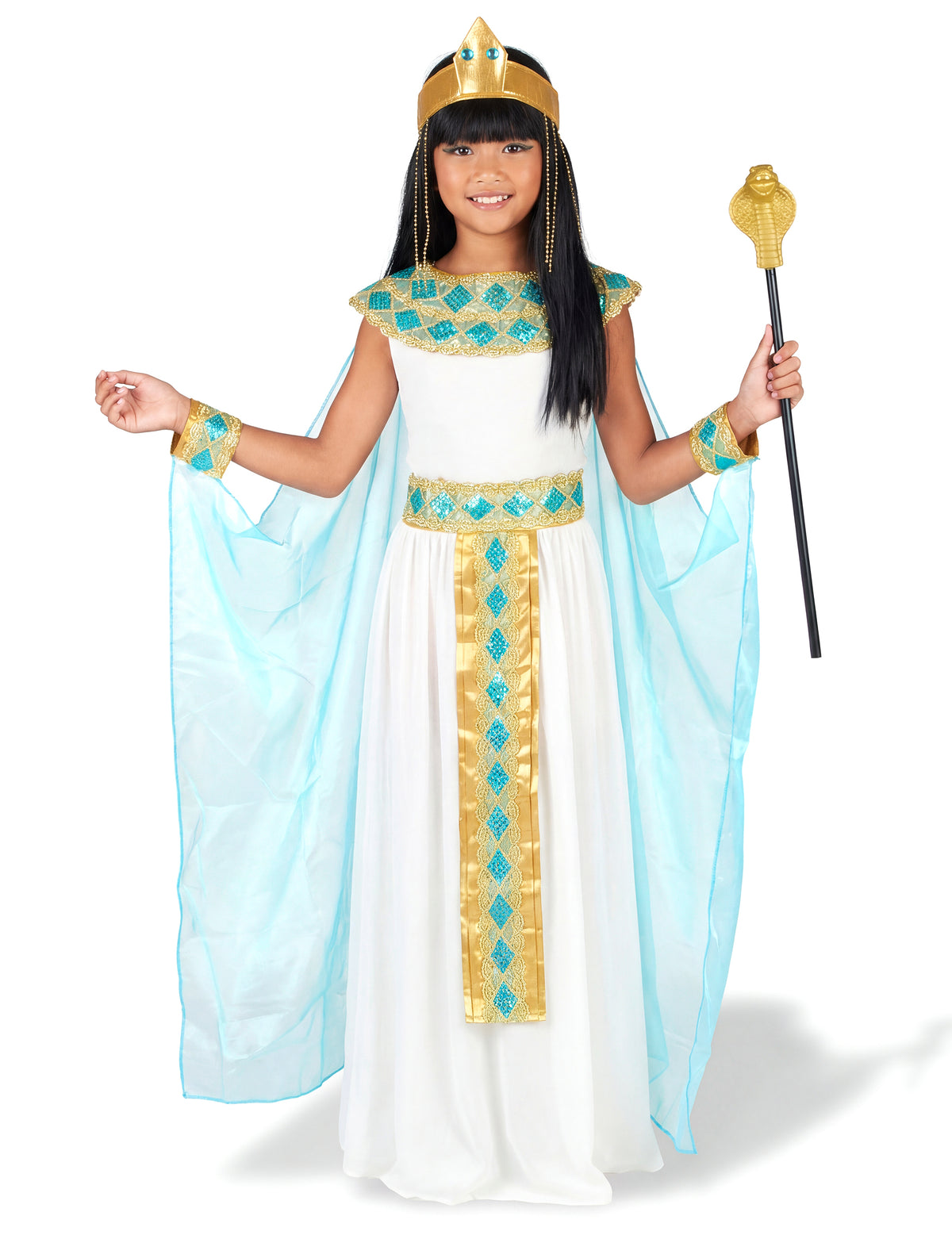 Déguisement de reine égyptienne pour fille blanc bleu et or avec voile