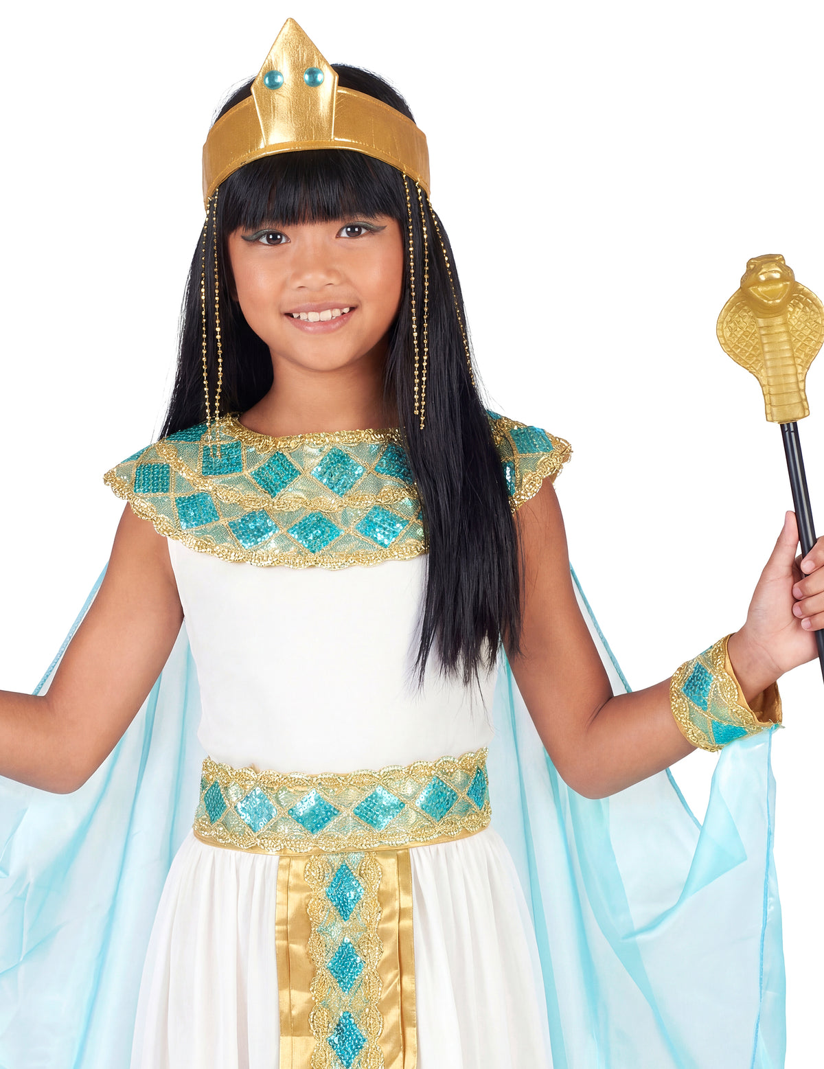 Gros plan sur le buste et le diadème du déguisement de reine égyptienne pour fille