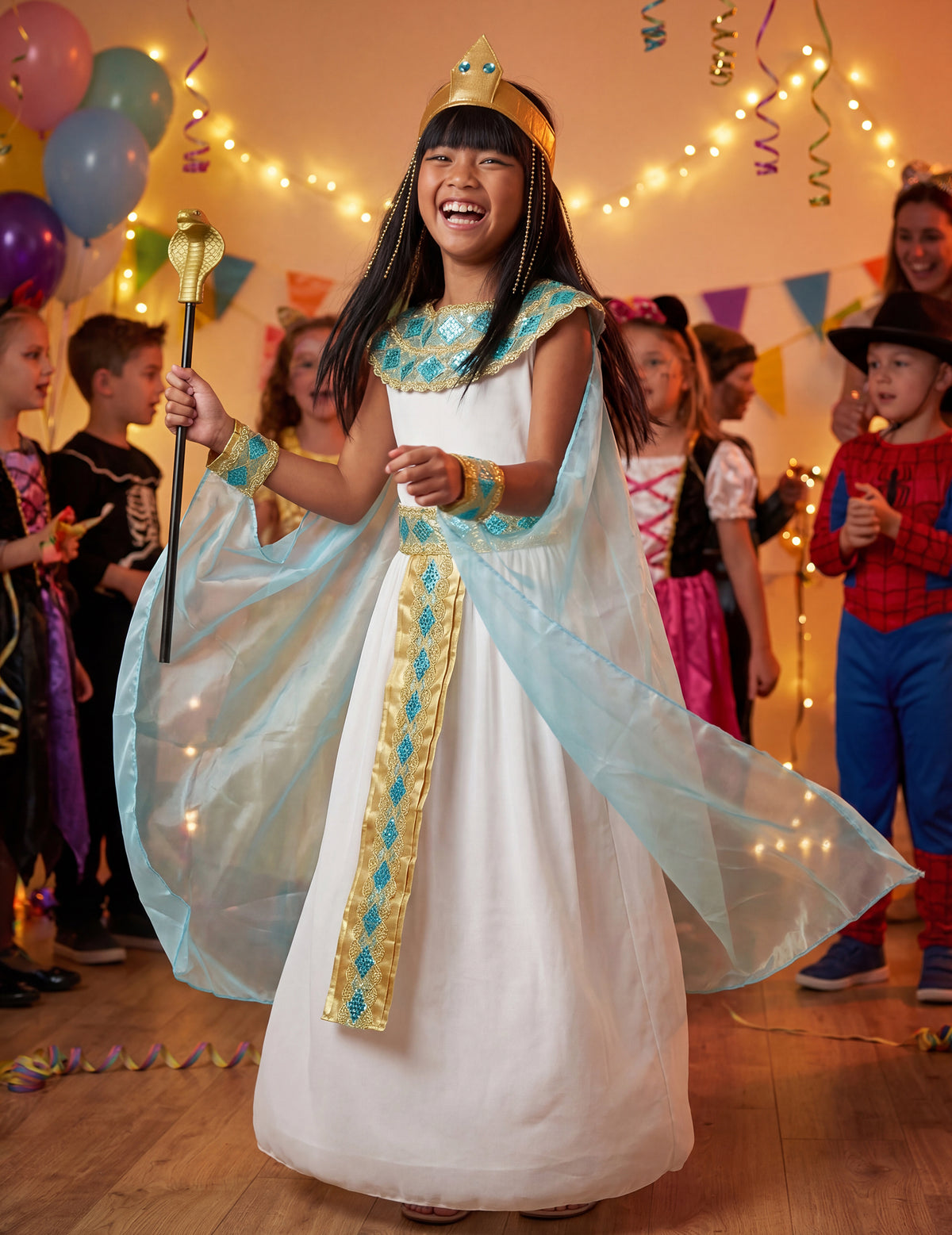 Mise en situation festive avec sceptre du déguisement de reine égyptienne pour fille