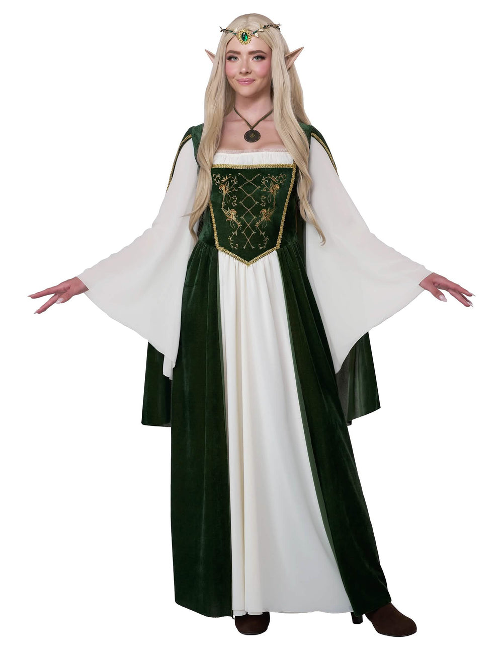 Fato de rainhas élfica para mulher verde e branco com mangas evasées