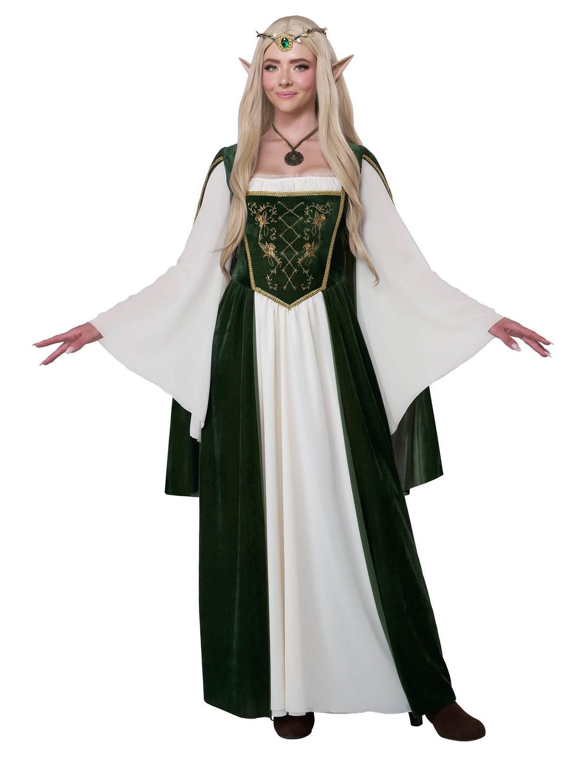 Fato de rainhas élfica para mulher verde e branco com mangas evasées