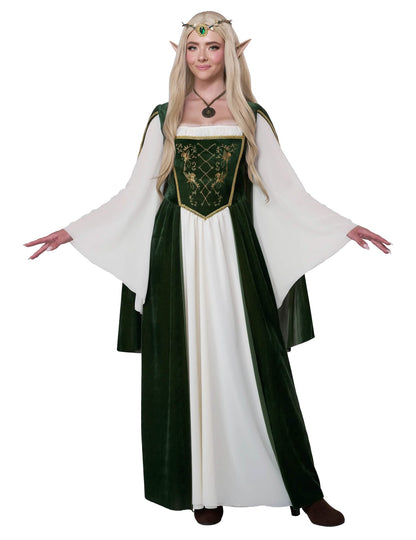 Fato de rainhas élfica para mulher verde e branco com mangas evasées