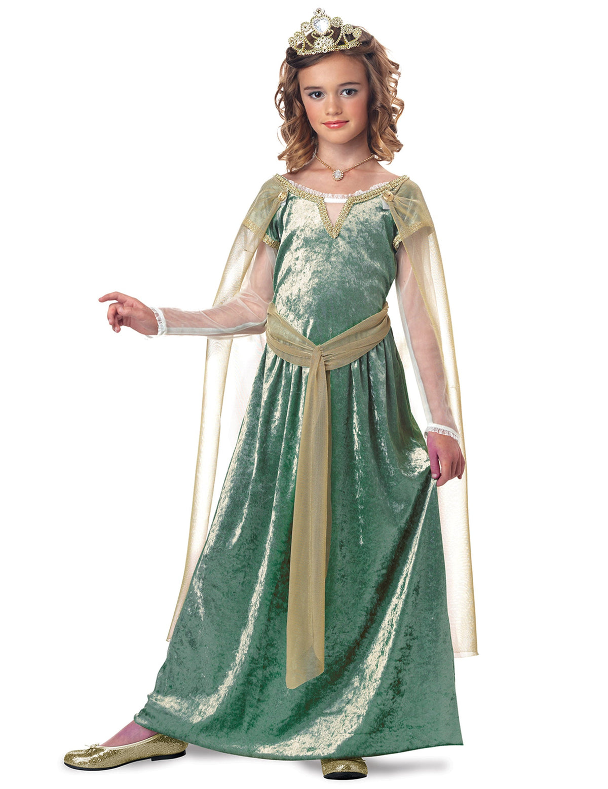 Déguisement de reine Guenièvre luxe pour fille vert et doré avec couronne