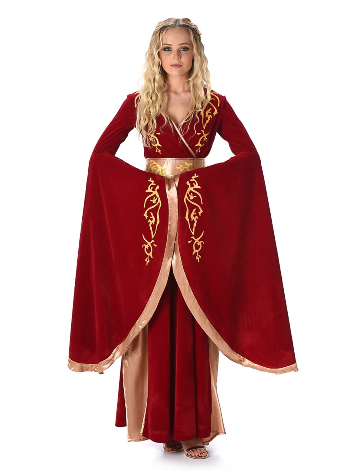 Fato de rainhas medieval para mulher vermelho e dourado