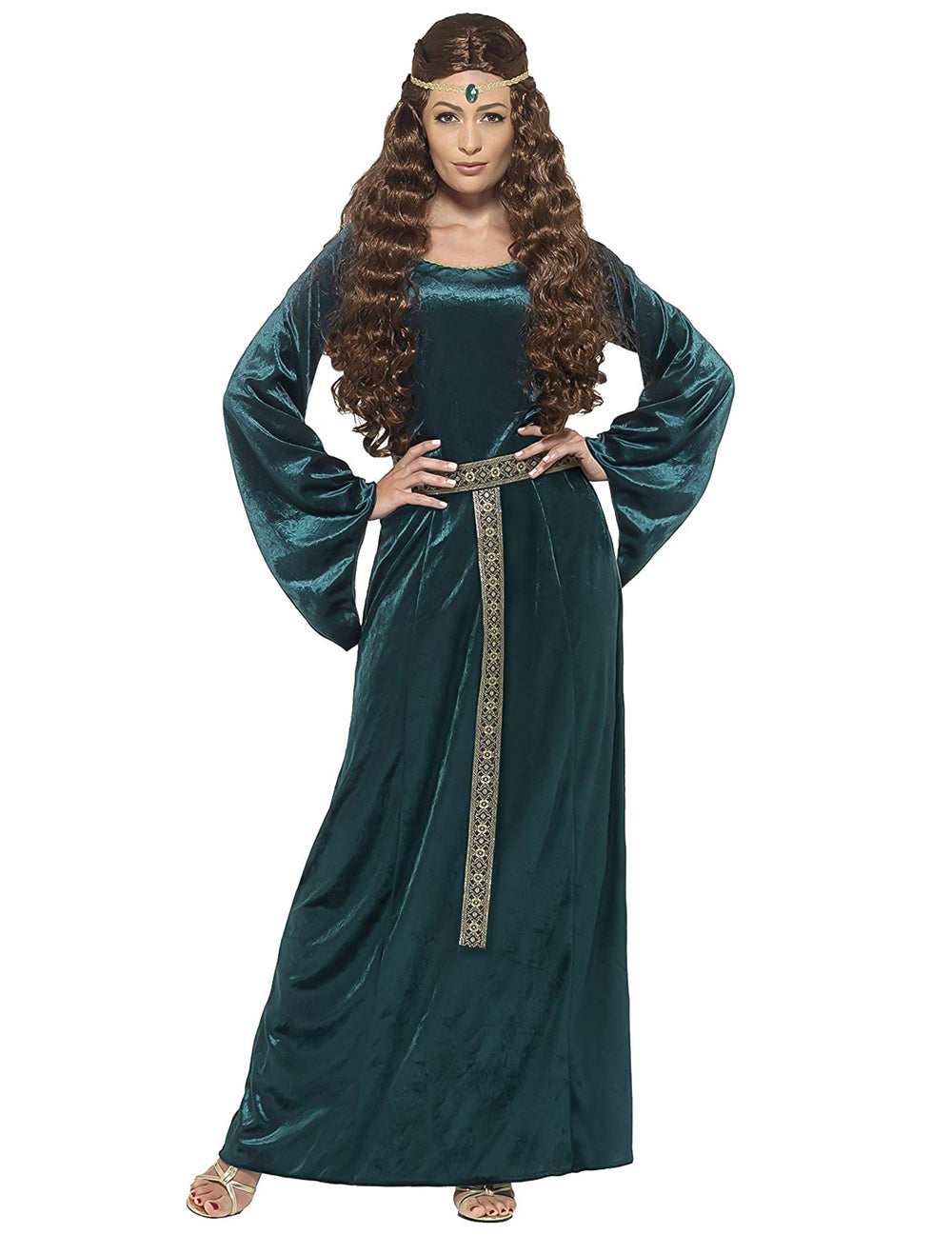 Déguisement de reine médiévale pour femme vert avec bandeau et ceinture