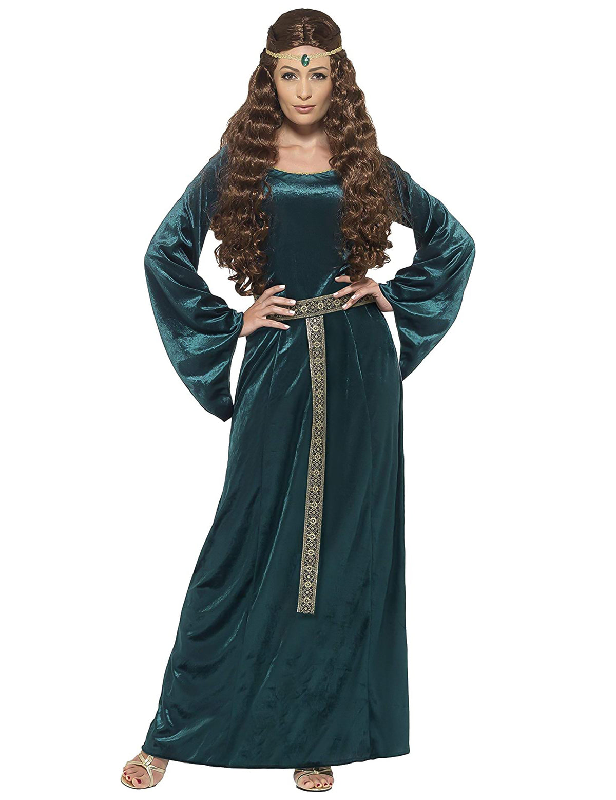 Déguisement de reine médiévale pour femme vert avec bandeau et ceinture