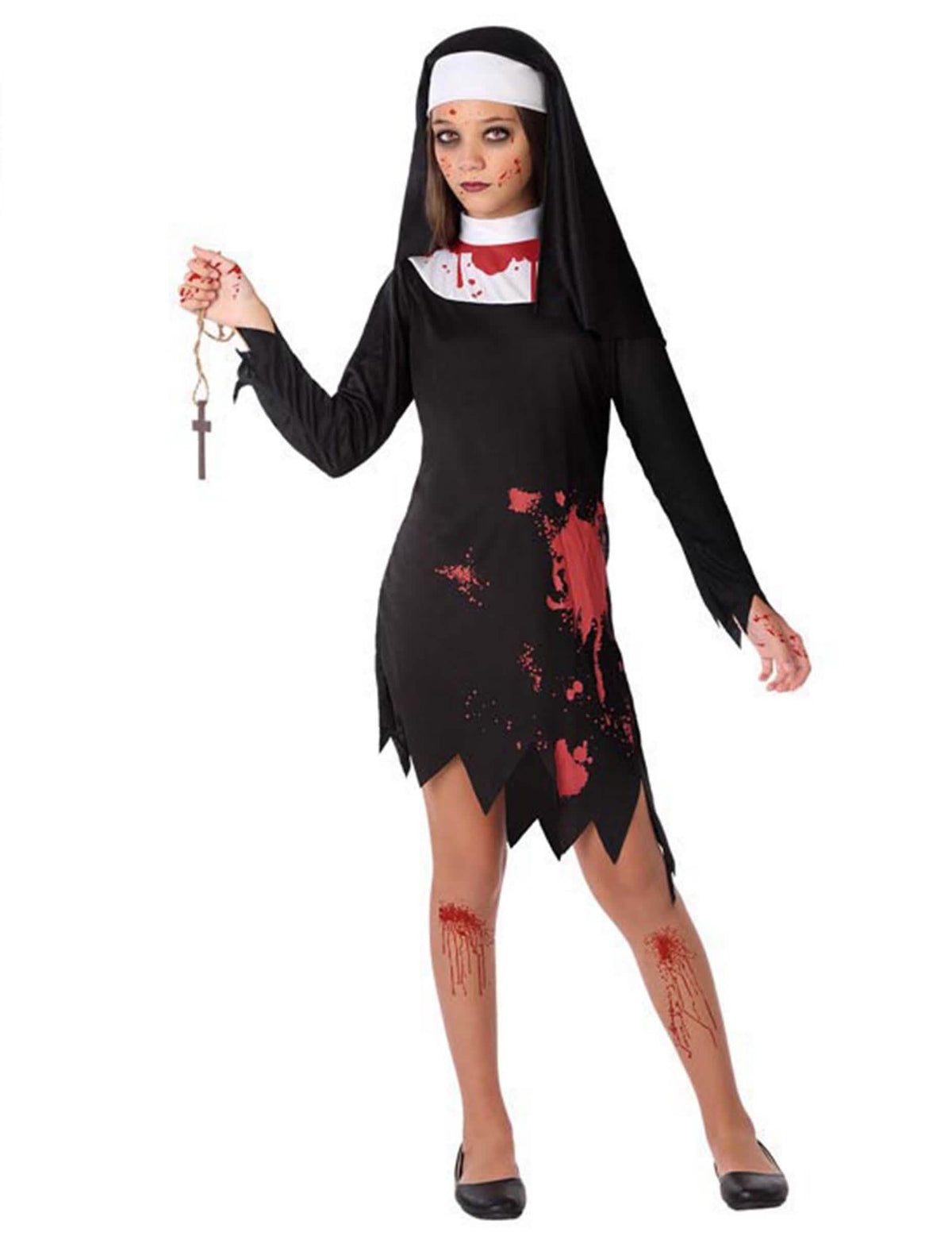 Fato de religiosa ensanguentada para menina black and white com manchas de sangue
