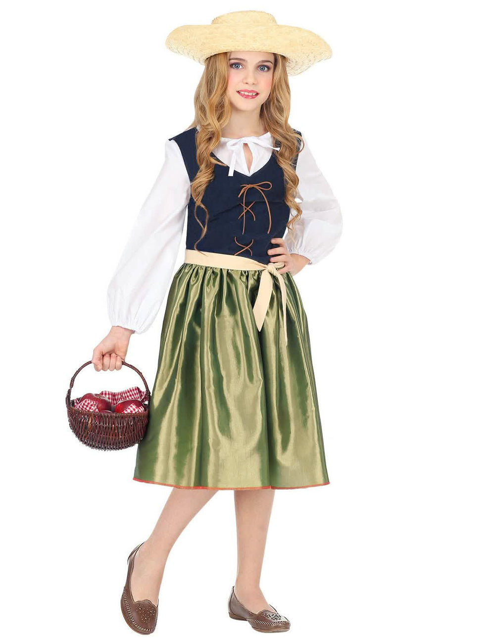 Fato de Renascimento para menina verde com chapéu de palha