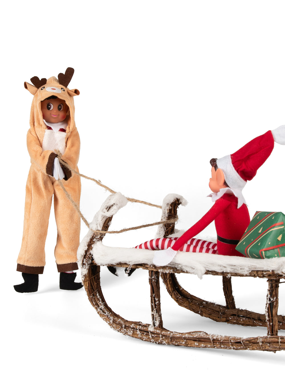 Mise en situation du déguisement renne de Noël pour poupée lutin farceur