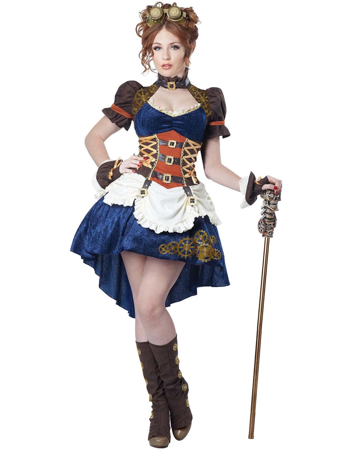 Déguisement rétro futuriste steampunk pour femme bleu et marron avec lunettes et canne