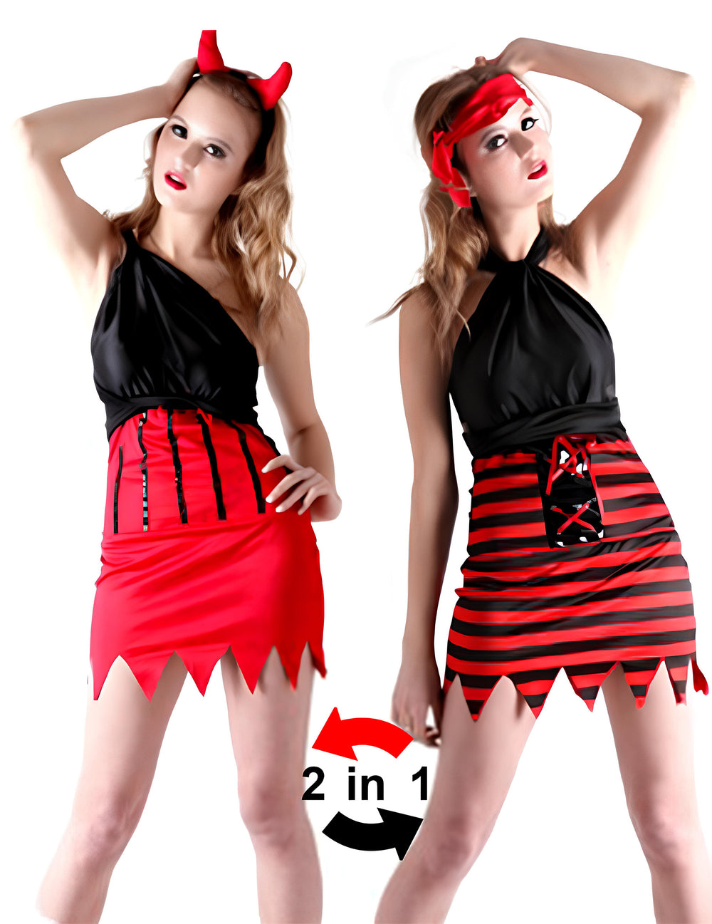Déguisement réversible pirate et démon pour femme rouge et noir