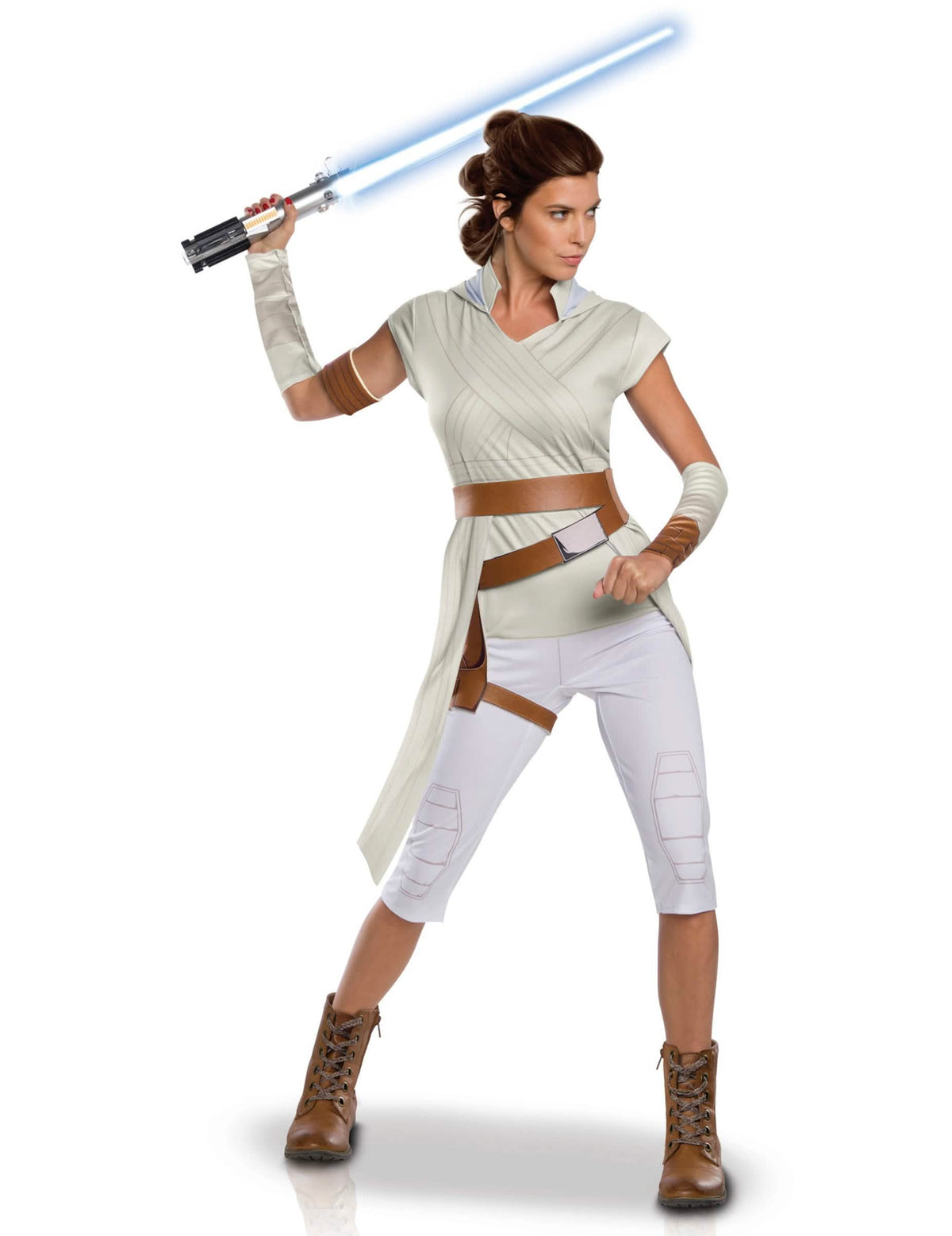 Disfarce de Rey Star Wars The Rise of Skywalker para mulher bege e branco com sabre laser azul