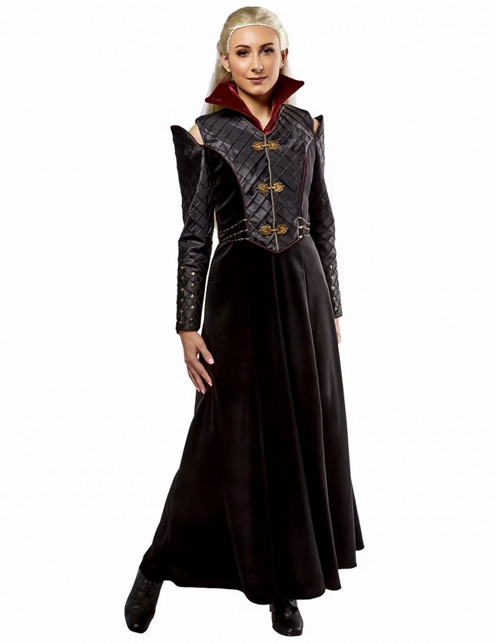 Déguisement Rhaenyra House of the dragon luxe pour femme noir et rouge avec détails dorés