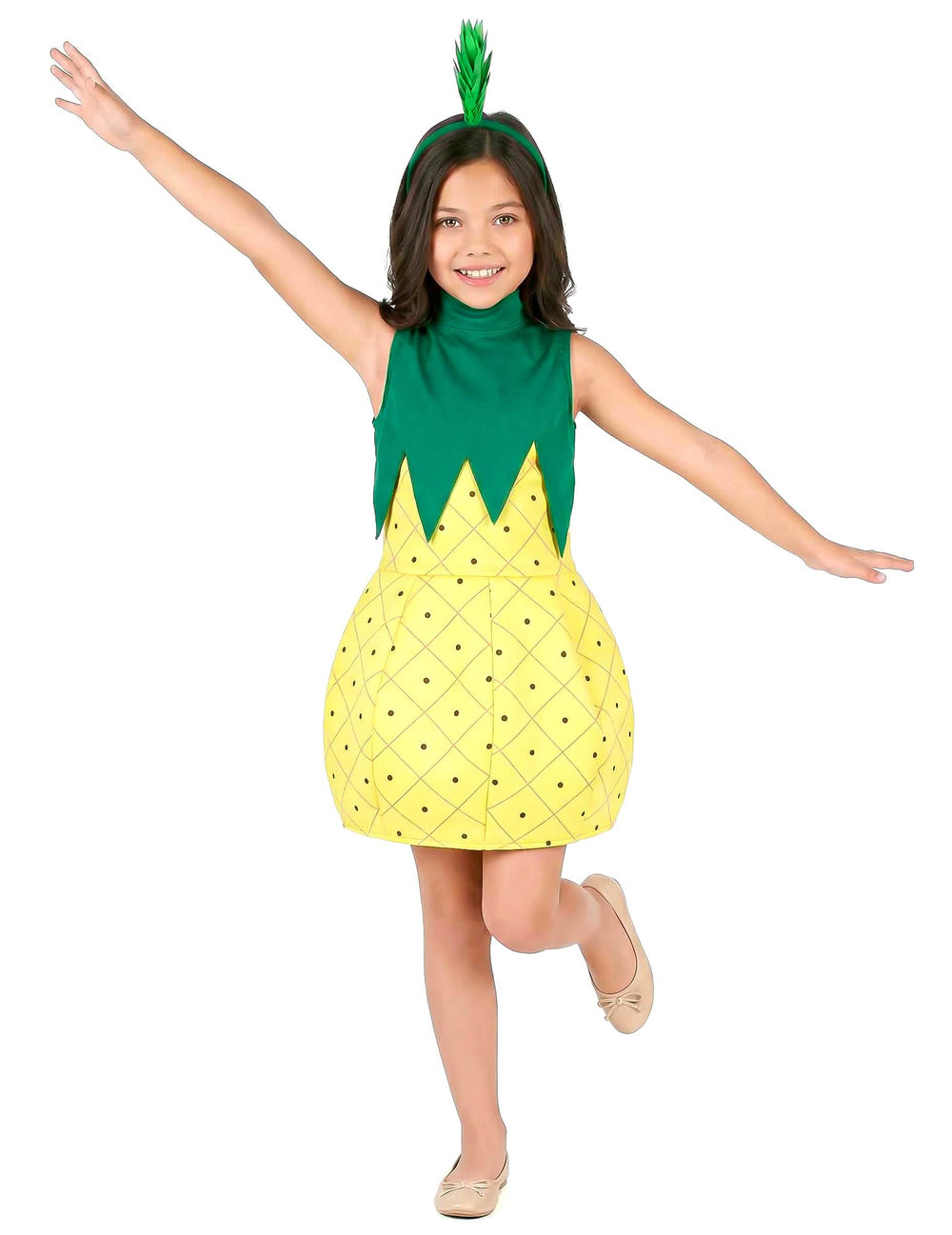 Fato de ananás em vestido para menina amarelo e verde com bandolete