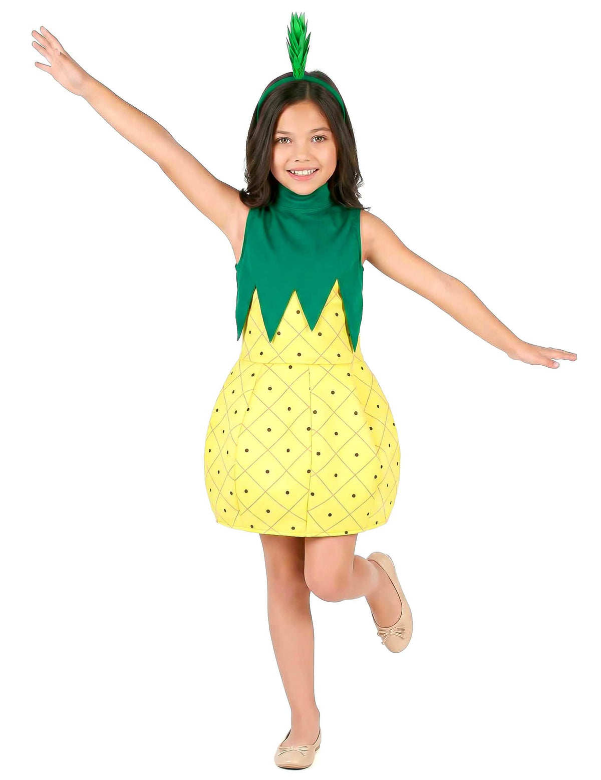 Fato de ananás em vestido para menina amarelo e verde com bandolete