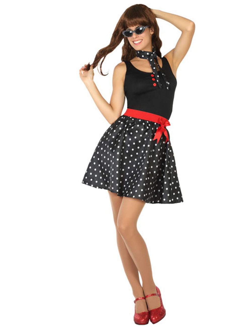 Déguisement robe années 50 pour femme noire à pois avec ceinture rouge
