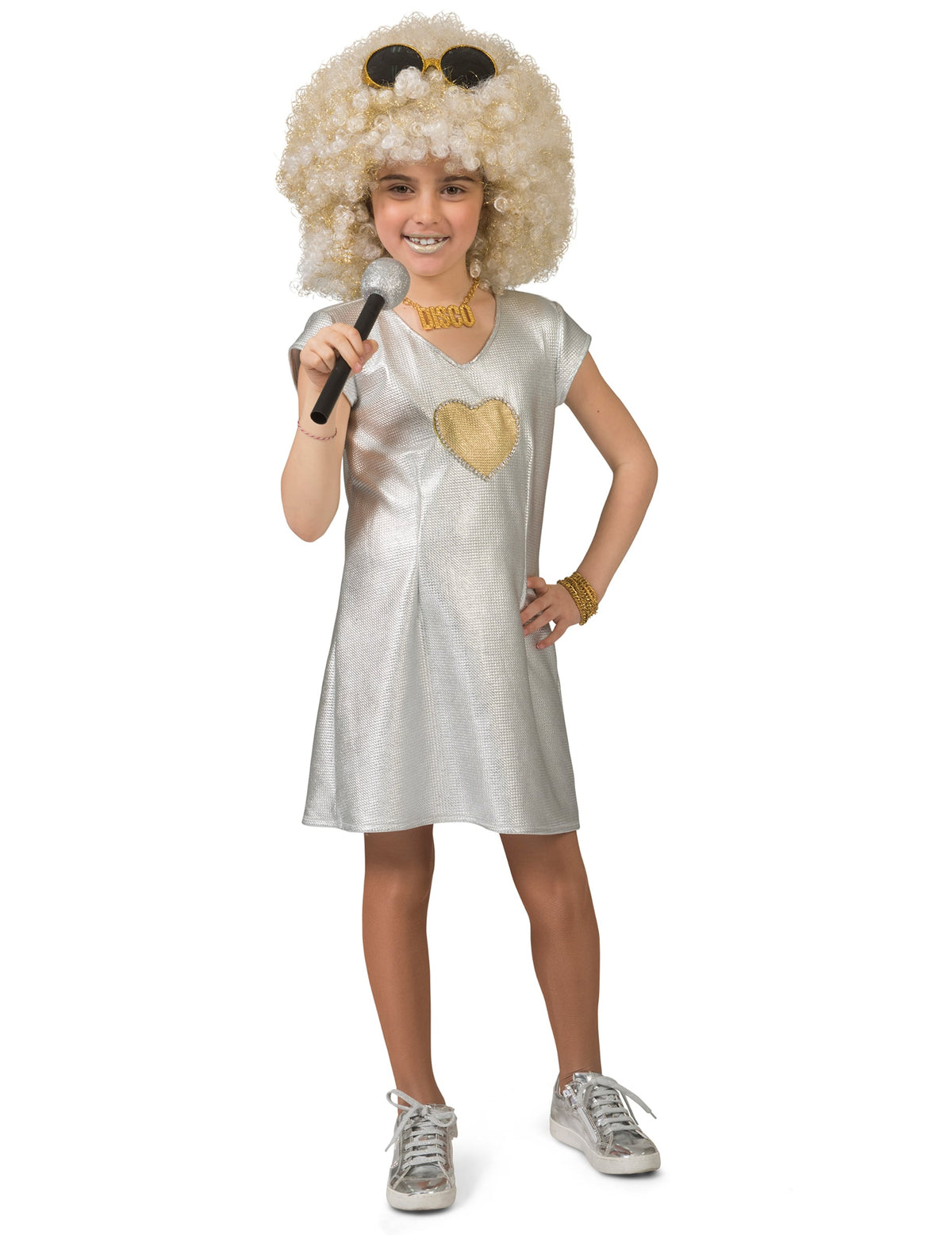 Déguisement robe disco pour fille argent avec cœur doré