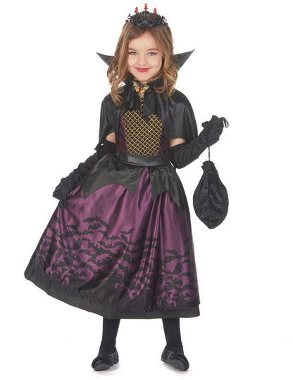 Déguisement robe chauve-souris pour fille violet et noir avec cape et couronne