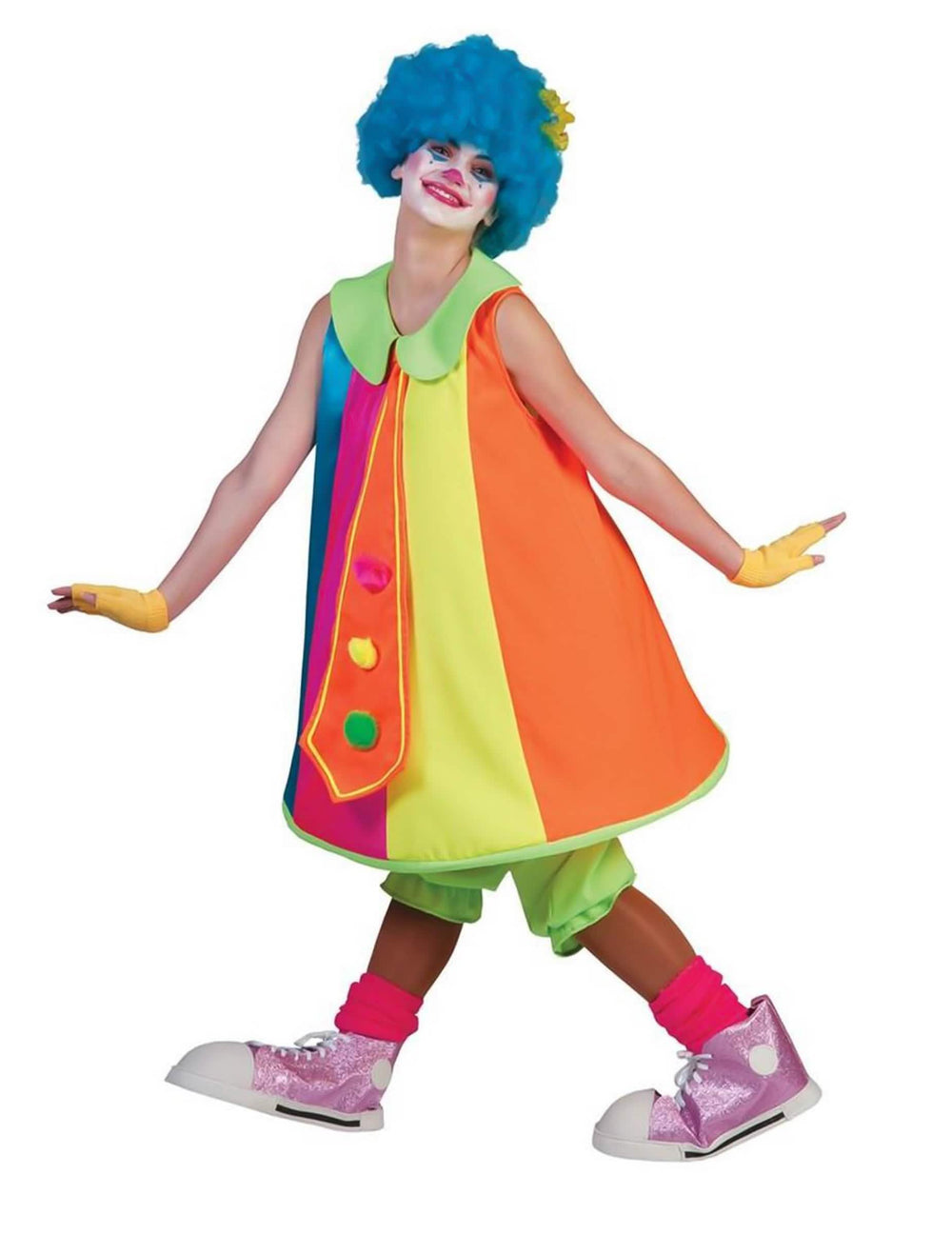 Fato de vestido de palhaço fluo multicores para mulher
