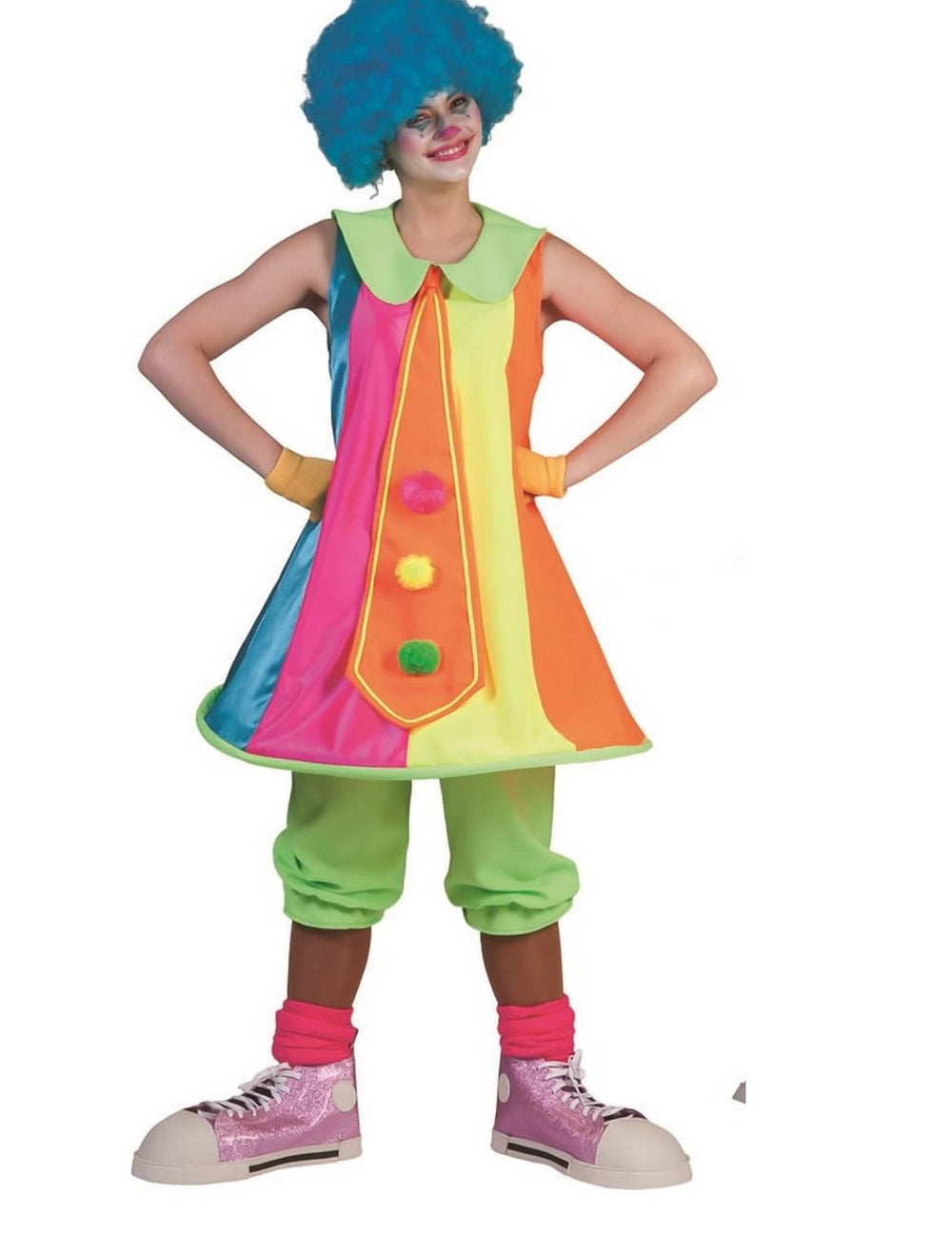 Vista geral do disfarce vestido de palhaço fluo para mulher