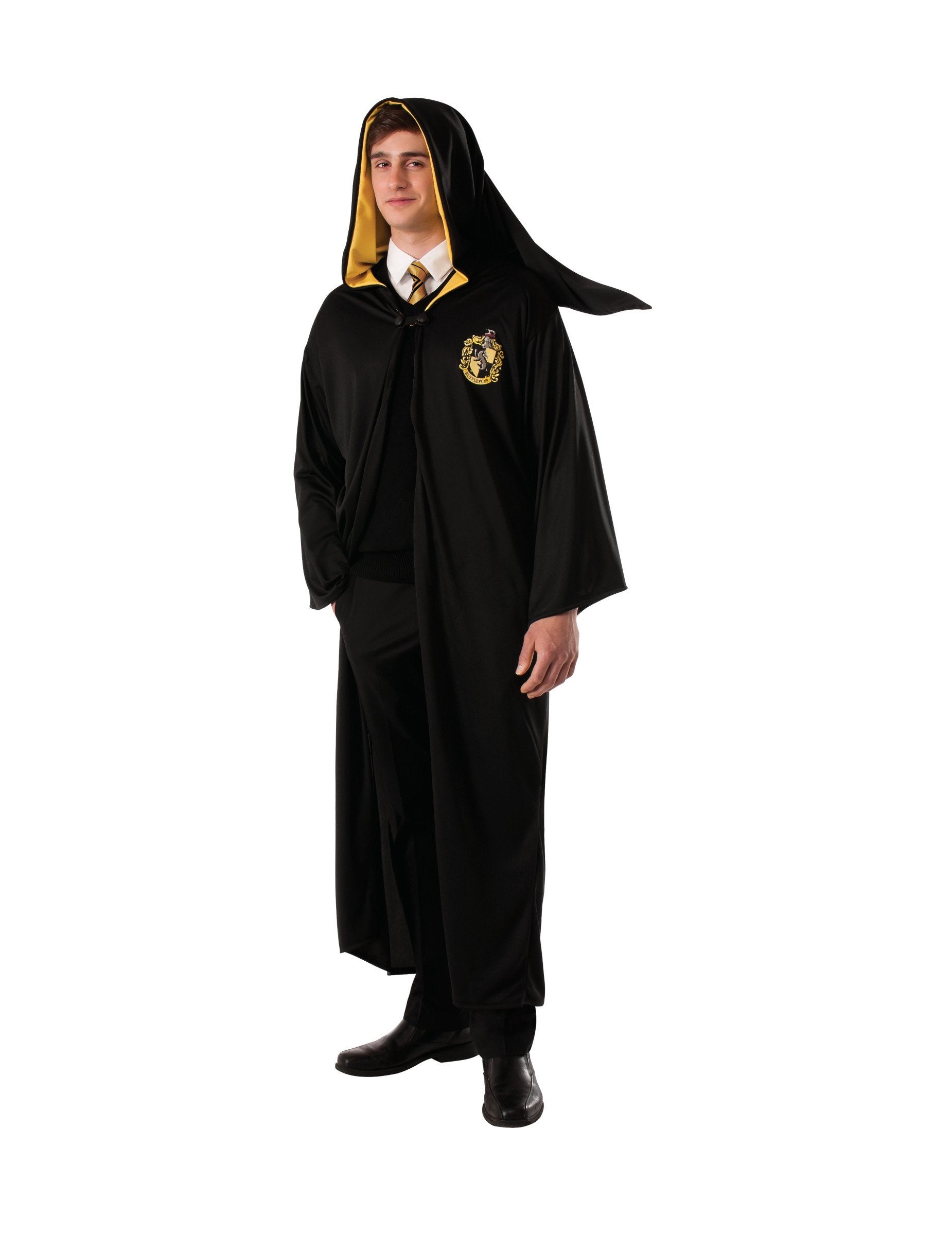 Déguisement robe de sorcier Poufsouffle Harry Potter pour adulte noir et jaune avec écusson